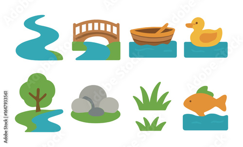 Playful River Icons. Flat vector mini-illustrations winding rivers in colors children's illustrations: winding