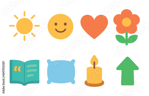 Positive Icon Set. Flat vector mini-illustrations positive affirmations in colors children's illustrations: