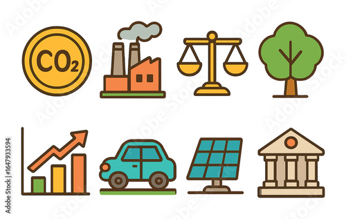 Carbon Tax Icons. Flat vector mini-illustrations carbon tax policies in colors children's illustrations: coin