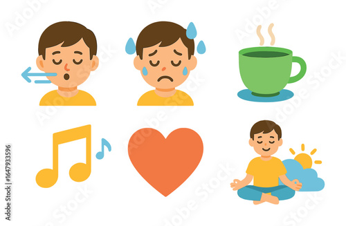 Child's Anxiety Relief Icons. Flat vector mini-illustrations coping with anxiety in colors children's