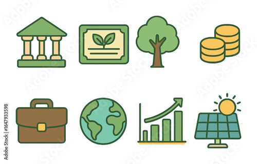 Eco-Friendly Finance Icons. Flat vector mini-illustrations green bonds in colors children's illustrations: