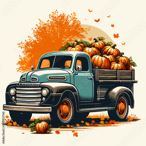 Retro truck carrying pumpkins with autumn tree and falling leaves background