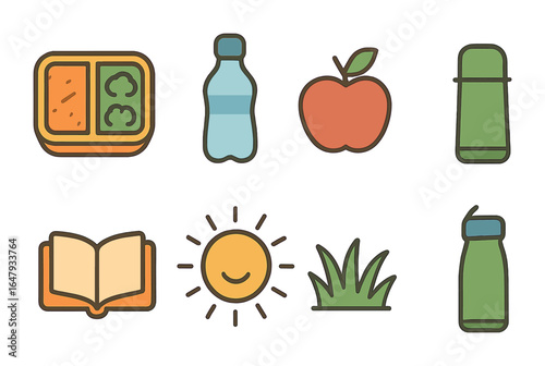 Outdoor Lunch Break Icons. Flat vector mini-illustrations lunch break outdoors in colors children's