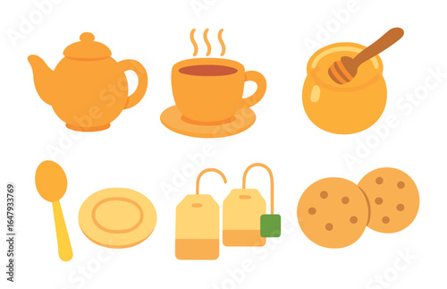 Warm Tea Icons. Flat vector mini-illustrations warm tea moments in colors children's illustrations: teapot,