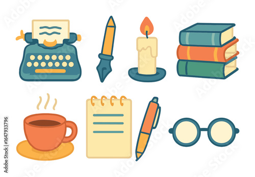 Writing Essentials Icons. Flat vector mini-illustrations writing inspiration in colors children's