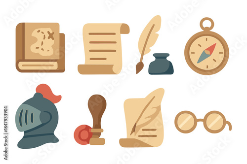 Historical Icons Collection. Flat vector mini-illustrations historical novels collection in colors children's