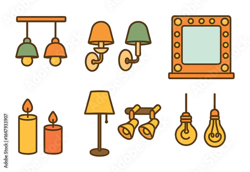 Children's Lighting Examples. Flat vector mini-illustrations vanity lighting options in colors children's