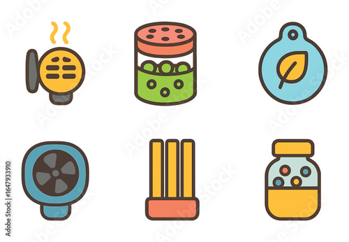 Children's Aroma Clips. Flat vector mini-illustrations car vent clip scents in colors children's illustrations
