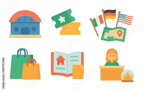 International Expo Icons. Flat vector mini-illustrations international fairs and expos in colors children's