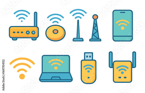 Colorful Network Icons. Flat vector mini-illustrations wireless network components in colors children's
