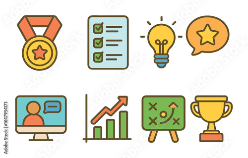 Digital Leadership Icons. Flat vector mini-illustrations digital leadership skills in colors children's
