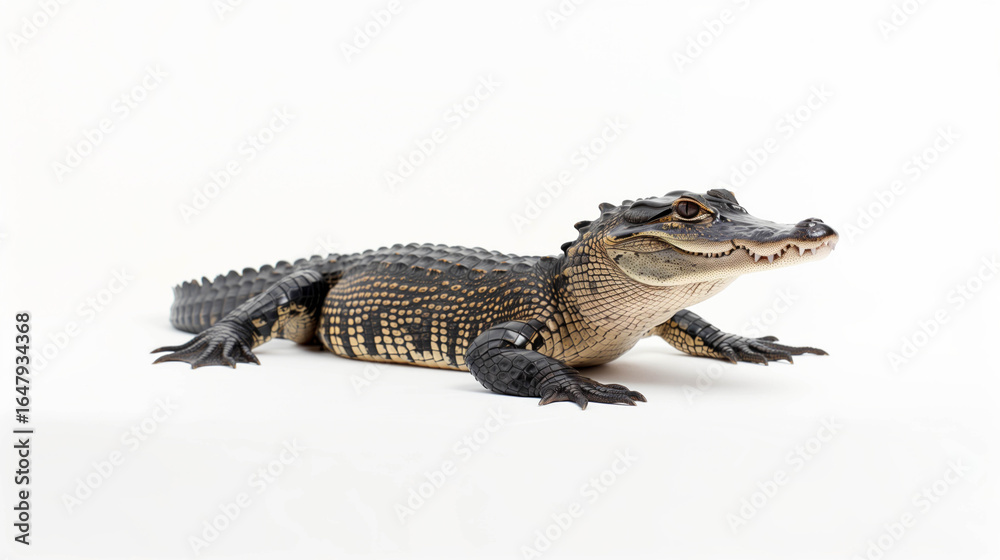 Naklejka premium Juvenile alligator with patterned scaly skin, short legs, and alert eyes resting on a clean white background.
