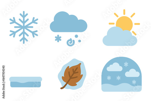 Winter Weather Icons. Flat vector mini-illustrations snowy weather details in colors children's illustrations: