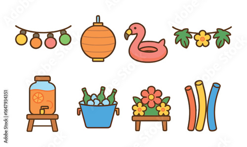 Poolside Party Icons. Flat vector mini-illustrations poolside decorations in colors children's illustrations: