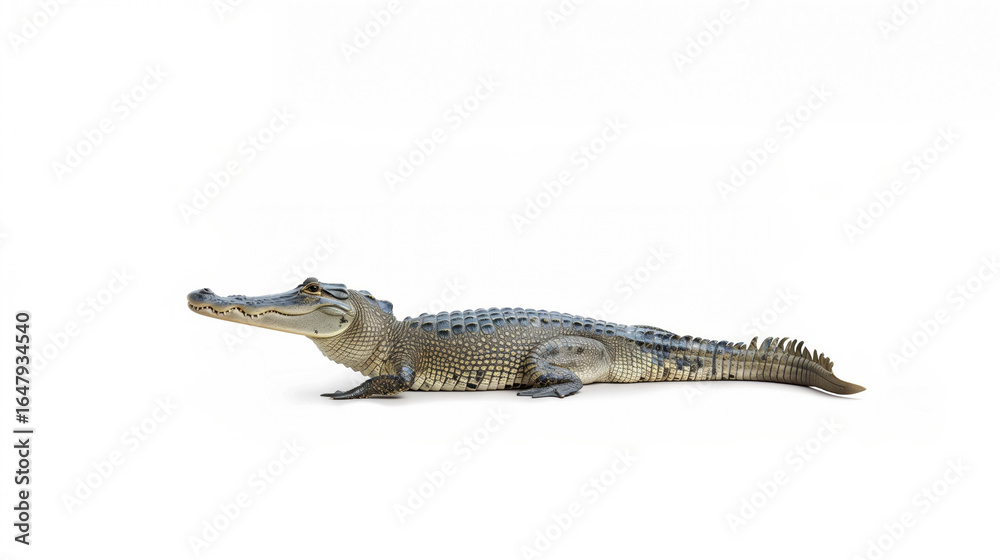 Naklejka premium Gharial Side View, Full side view of a gharial with elongated narrow snout, sharp teeth, and scaly body on a clean white background.