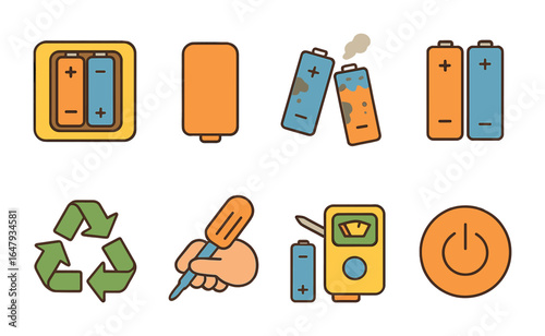 Battery Change Illustrations. Flat vector mini-illustrations changing batteries in colors children's