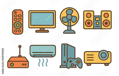 Colorful Electronic Icons. Flat vector mini-illustrations home electronics in colors children's illustrations: