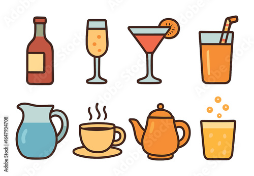 Colorful Drink Icons. Flat vector mini-illustrations wine and beverages in colors children's illustrations: