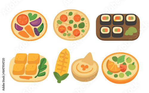 Colorful Vegetarian Dishes. Flat vector mini-illustrations vegetarian gourmet dishes in colors children's