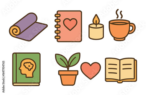 Wellness Icons Grid. Flat vector mini-illustrations wellness and mental care in colors children's
