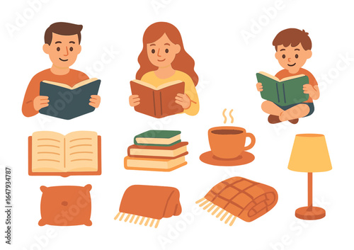 Family Reading Time. Flat vector mini-illustrations family reading time in colors children's illustrations: