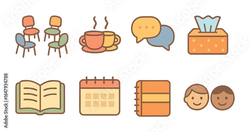 Support Group Icons. Flat vector mini-illustrations support group session in colors children's illustrations: