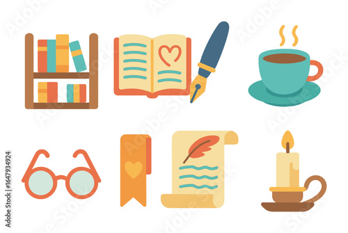Colorful Library Icons. Flat vector mini-illustrations poetry libraries in colors children's illustrations: