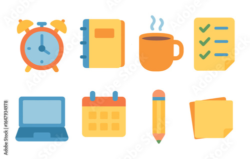 Entrepreneurial Productivity Icons. Flat vector mini-illustrations productivity habits for entrepreneurs in