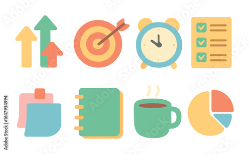 Priority Icons Grid. Flat vector mini-illustrations adjusting priorities in colors children's illustrations: