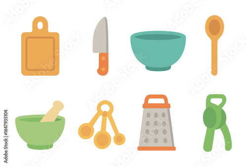 Colorful Kitchen Tools. Flat vector mini-illustrations kitchen tools for dips in colors children's
