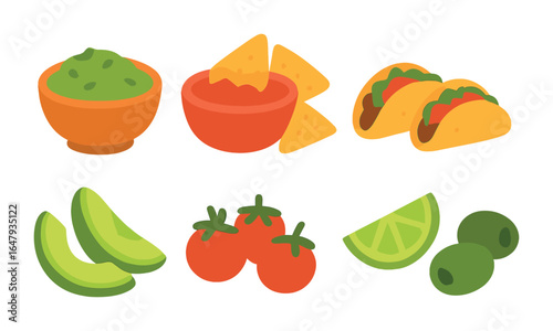 Colorful Appetizer Grid. Flat vector mini-illustrations appetizer table in colors children's illustrations: