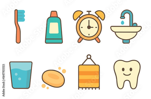 Children's Morning Routine. Flat vector mini-illustrations morning brushing routine in colors children's