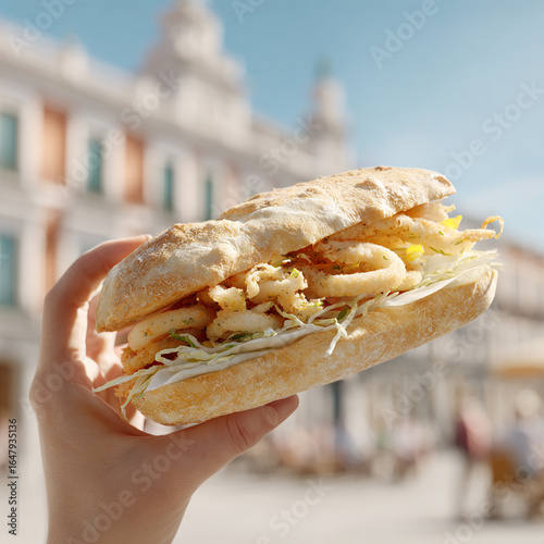 Freshly made seafood sandwich held against a sunny urban backdrop with historic architecture visible in the distance