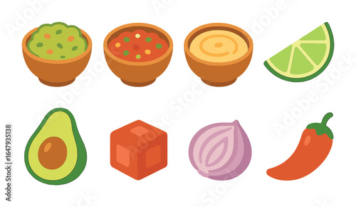Colorful Dip Icons. Flat vector mini-illustrations homemade dips in colors children's illustrations: guacamole