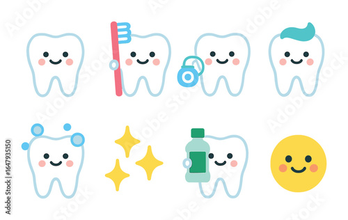 Smiling Teeth Icons. Flat vector mini-illustrations smiling teeth characters in colors children's