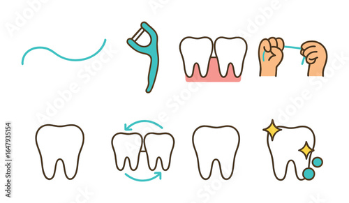 Children's Flossing Guide. Flat vector mini-illustrations flossing steps in colors children's illustrations: