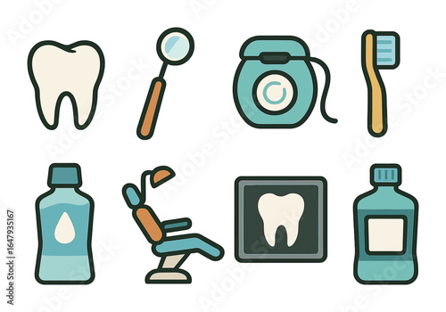 Bright Dental Icons. Flat vector mini-illustrations dental visits in colors children's illustrations: tooth