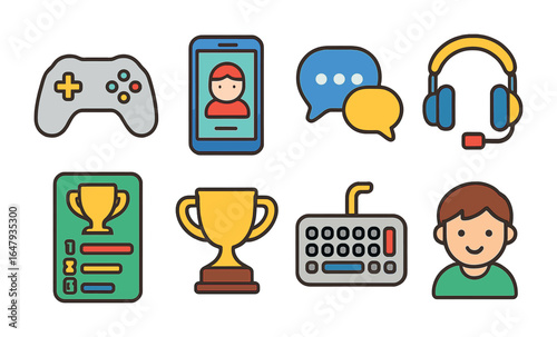 Colorful Gaming Icons. Flat vector mini-illustrations online multiplayer games in colors children's