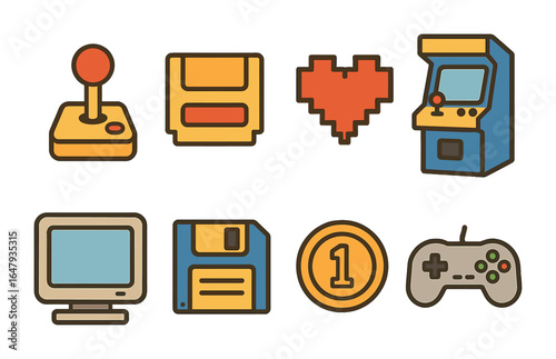 Retro Gaming Icons. Flat vector mini-illustrations retro gaming club in colors children's illustrations: