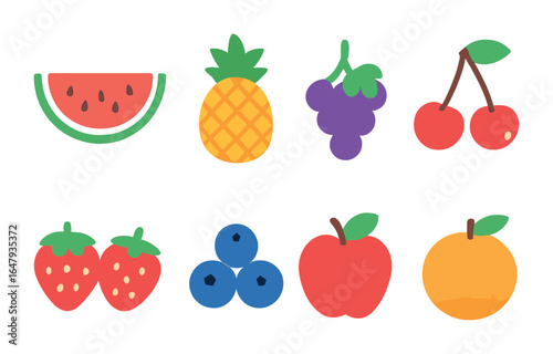 Fruit Picnic Icons. Flat vector mini-illustrations picnic fruit selection in colors children's illustrations: