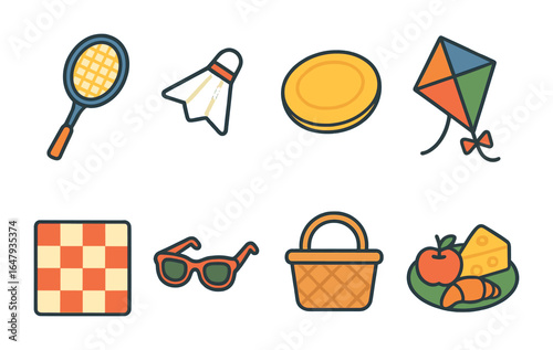 Playful Picnic Icons. Flat vector mini-illustrations picnic games and fun in colors children's illustrations: