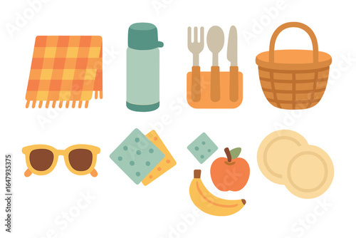 Picnic Essentials Icons. Flat vector mini-illustrations picnic essentials kit in colors children's