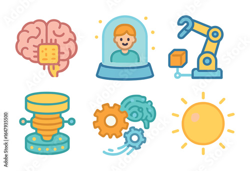 AI Innovations Icons. Flat vector mini-illustrations future AI innovations in colors children's illustrations: