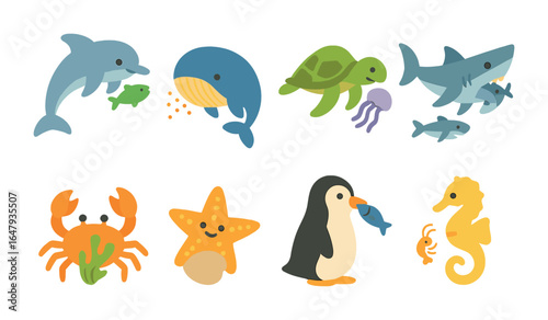 Marine Animal Feeding Fun. Flat vector mini-illustrations marine animals feeding in colors children's