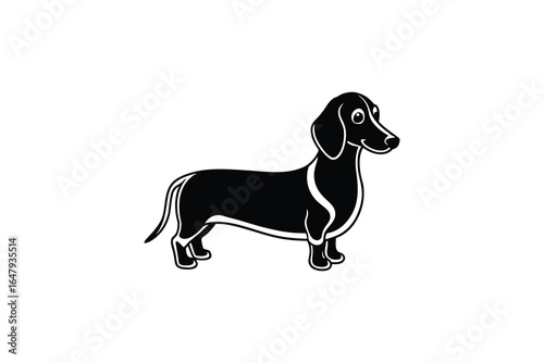 A black and white illustration of a dachshund dog standing on its legs silhouette