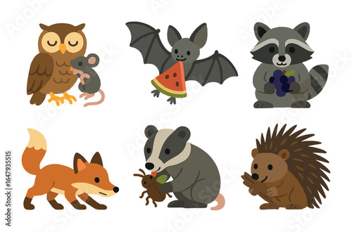 Nocturnal Animal Feast. Flat vector mini-illustrations nocturnal animals eating in colors children's