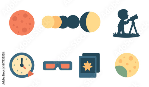 Lunar Eclipse Icons. Flat vector mini-illustrations Lunar eclipse observation in colors children's
