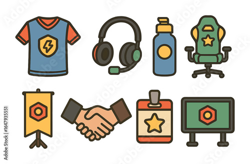 Esports Sponsorship Icons. Flat vector mini-illustrations Esports sponsorships in colors children's