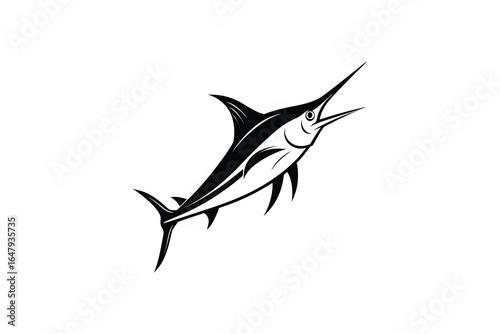 A black and white illustration of a marlin fish swimming in the water silhouette
