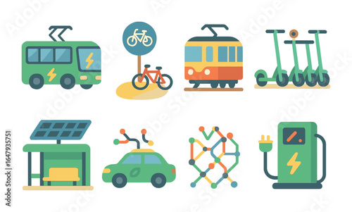 Eco-Friendly Transport Icons. Flat vector mini-illustrations Green public transport in colors children's